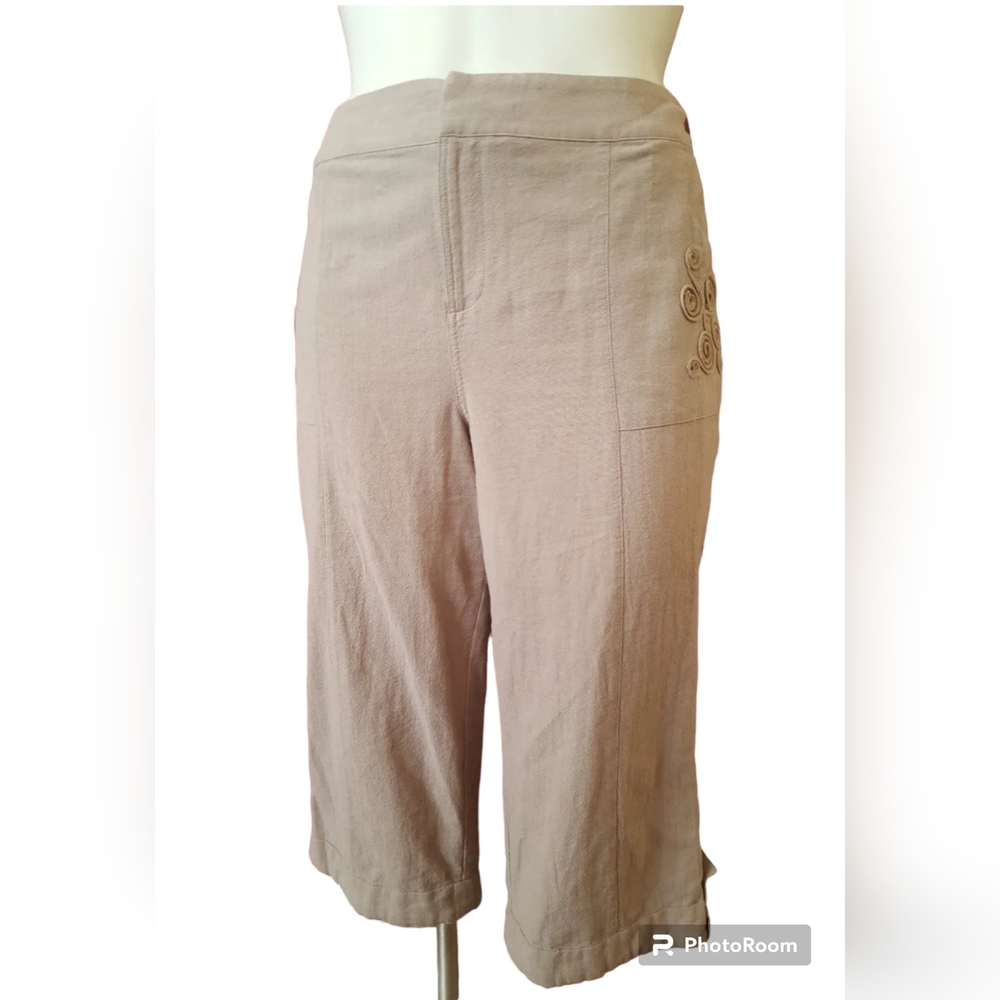 Soft Surroundings Soutache Cropped Capri Cuffed Gauze Pants Tan Size PL New